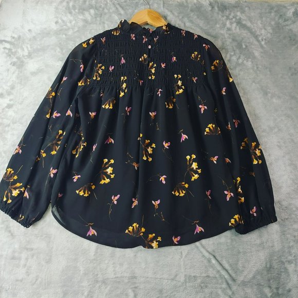 Madewell Womens S Black Floral Smocked Blouse Long Sleeve Romantic Boho Chic - Picture 12 of 13